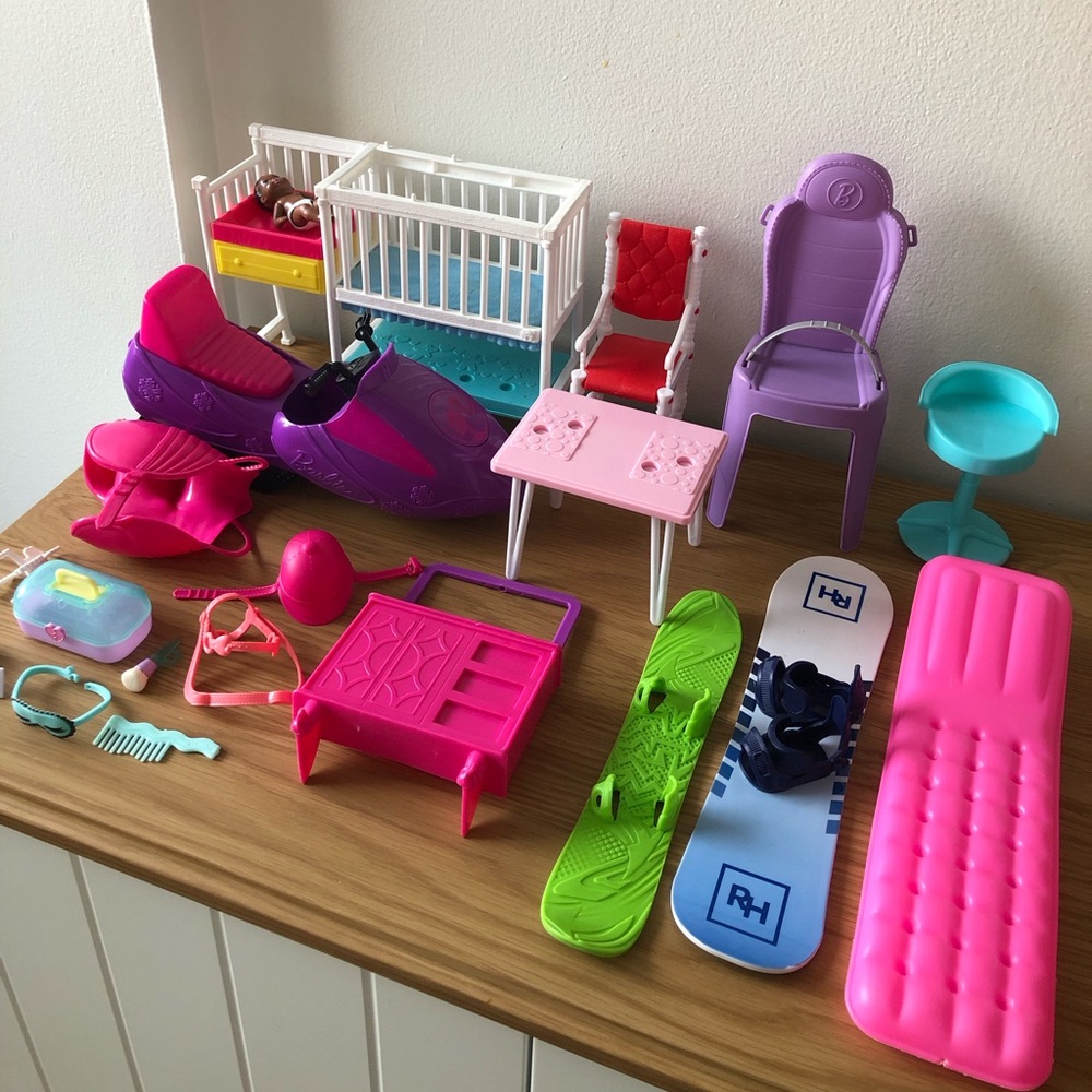 Big lot of Barbie & Other Doll Furniture & Snowmobile - Sports, Baby Chrissy